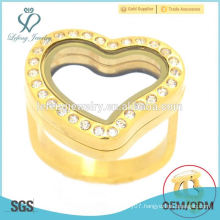 Fashion stainless steel gold plated heart glass memory floating charm locket jewelry ring